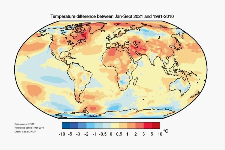 Near-surface air temperature differences from the 1981-2010 average for January to September 2021. Data are from the ERA5 reanalysis product. Source: C3S/ECMWF source: World Meteorological Organization