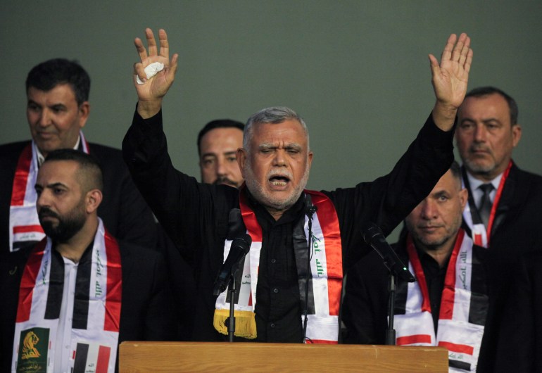 Hadi al-Amiri leader of the Badr Organisation attends an election rally, along with his Fatih bloc supporters, ahead of the parliamentary election in Baghdad