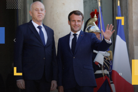 Tunisia's President Kais Saied and French President Emmanuel Macron pose for a photo before a meeting at the Elysee Palace in Paris, France, June 22, 2020. REUTERS/Charles Platiau