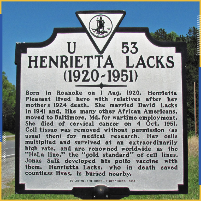 لافتة لتكريم ذكرى هنرييتا لاكس بمحل مولدها الأصلي - ولاية فرجينيا - الولايات المتحدة - المصدر