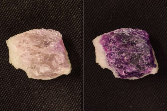Hackmanite turns purple under UV irradiation, and the color fades back to white in a few minutes under regular white light. This sample is from Greenland. Credit: Mika Lastusaari