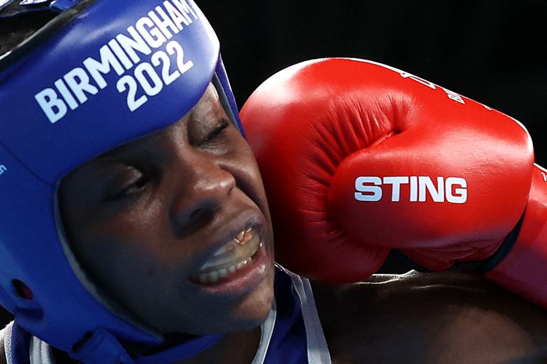 Commonwealth Games - Boxing - Women’s Over 48kg-50kg Light Fly - Round of 16 - The NEC Hall 4, Birmingham, Britain - July 31, 2022 Mozambique's Helena Ismael Bagao in action during her round of 16 fight against India's Zareen Nikhat REUTERS/Phil Noble