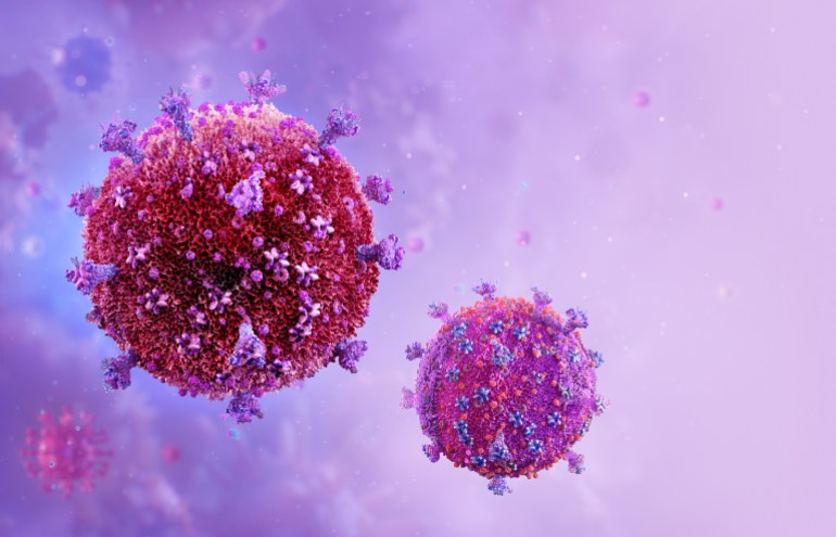 HIV virus cells. Scientifically accurate human immunodeficiency virus (HIV) close-up view. Acquired immunodeficiency syndrome AIDS 3D medical illustration. HIV viral particles with membrane, proteins shutterstock_1912226668
