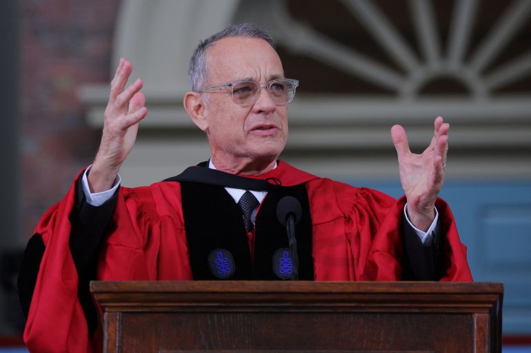 Honorary degree recipient actor Tom Hanks delivers the Commencement Address during Harvard University’s 372nd Commencement Exercises in Cambridge, Massachusetts, U.S., May 25, 2023. REUTERS/Brian Snyder