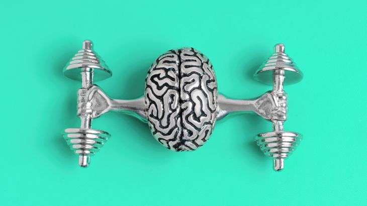 Close-up view of a detailed human brain model elevating heavy dumbbells on teal background. Creative mental strength development related concept.; Shutterstock ID 2410408885; purchase_order: aljazeera ; job: ; client: ; other: