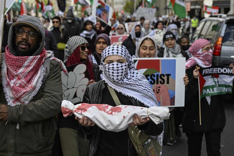 WASHINGTON DC, UNITED STATES - APRIL 6: Demonstrators march from Sylvan Theater to the White House within a pro-Palestinian demonstration, condemning Israeli attacks on Gaza, in Washington D.C., United States on April 6, 2024. (Photo by Celal Gunes/Anadolu via Getty Images)